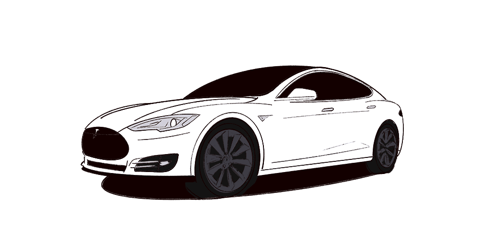 Illustrated white Tesla Model S on a red field.
