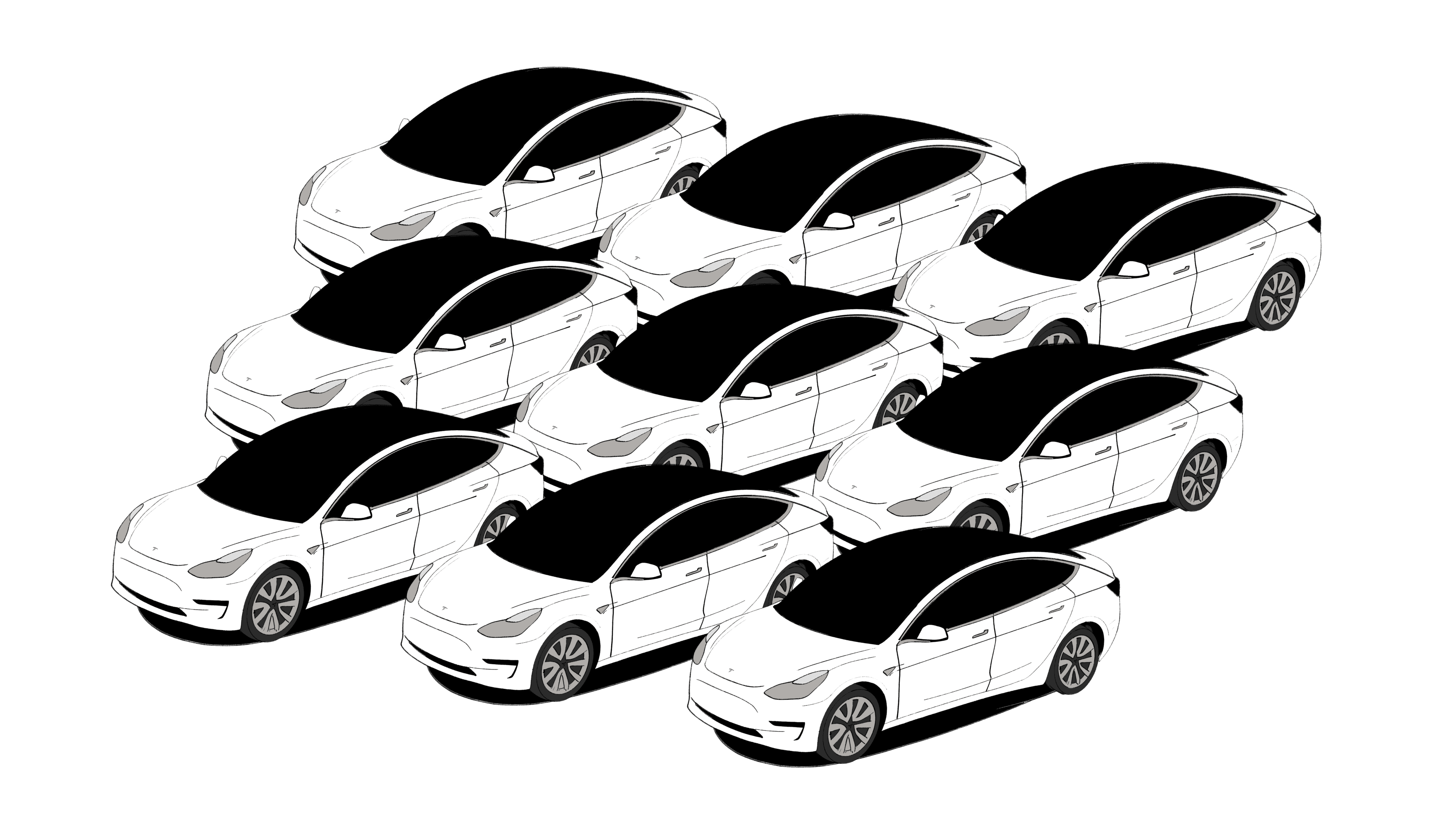 Illustrated fleet of white Tesla Model 3 vehicles.