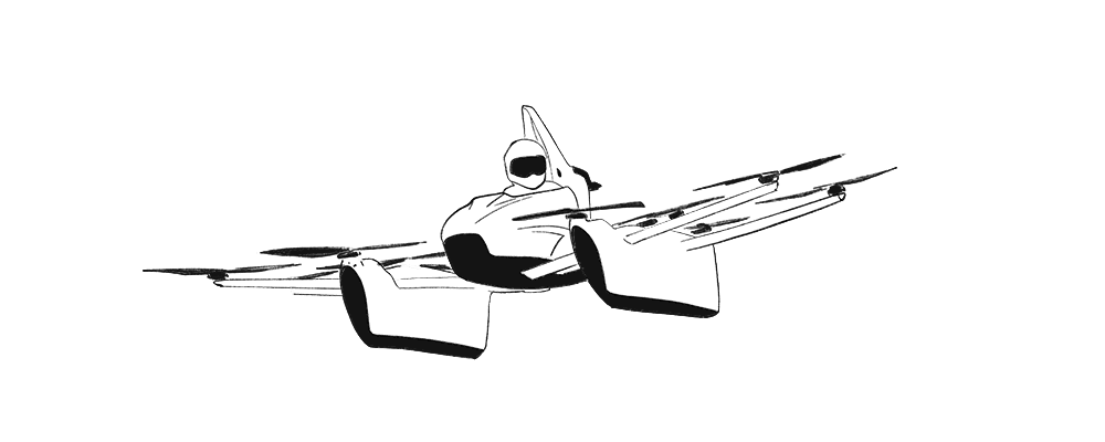 Illustration of the Kitty Hawk Flyer electric aircraft and pilot.