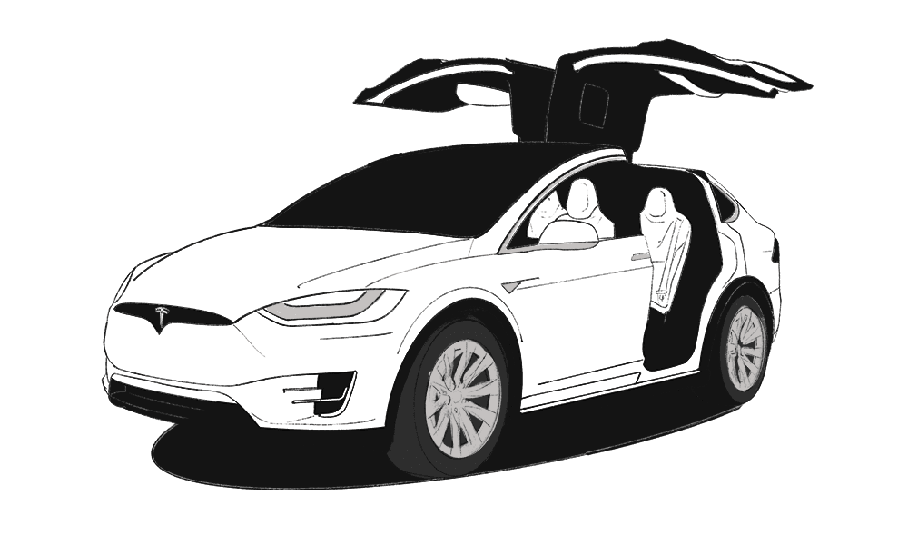 Illustrated Tesla Model X with its falcon-wing door open.