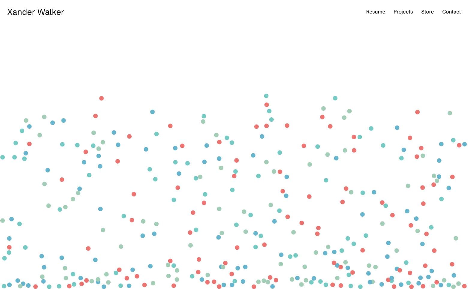 Hundreds of teal, blue, coral, and green physics balls bouncing across a white field.