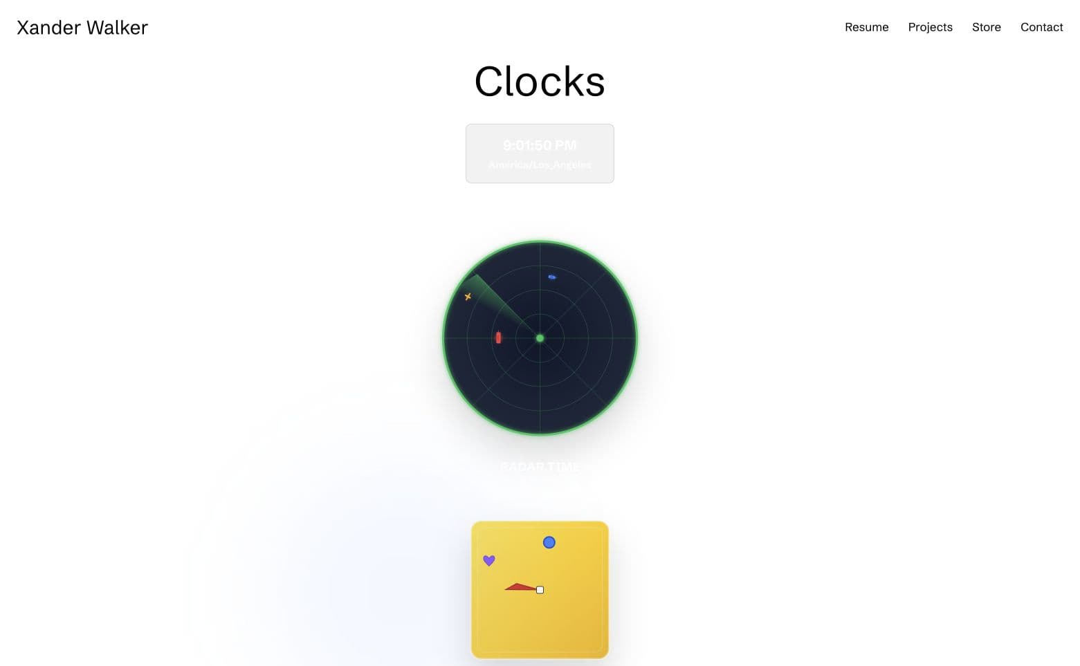 Clocks gallery featuring a glowing radar clock and geometric timepiece.