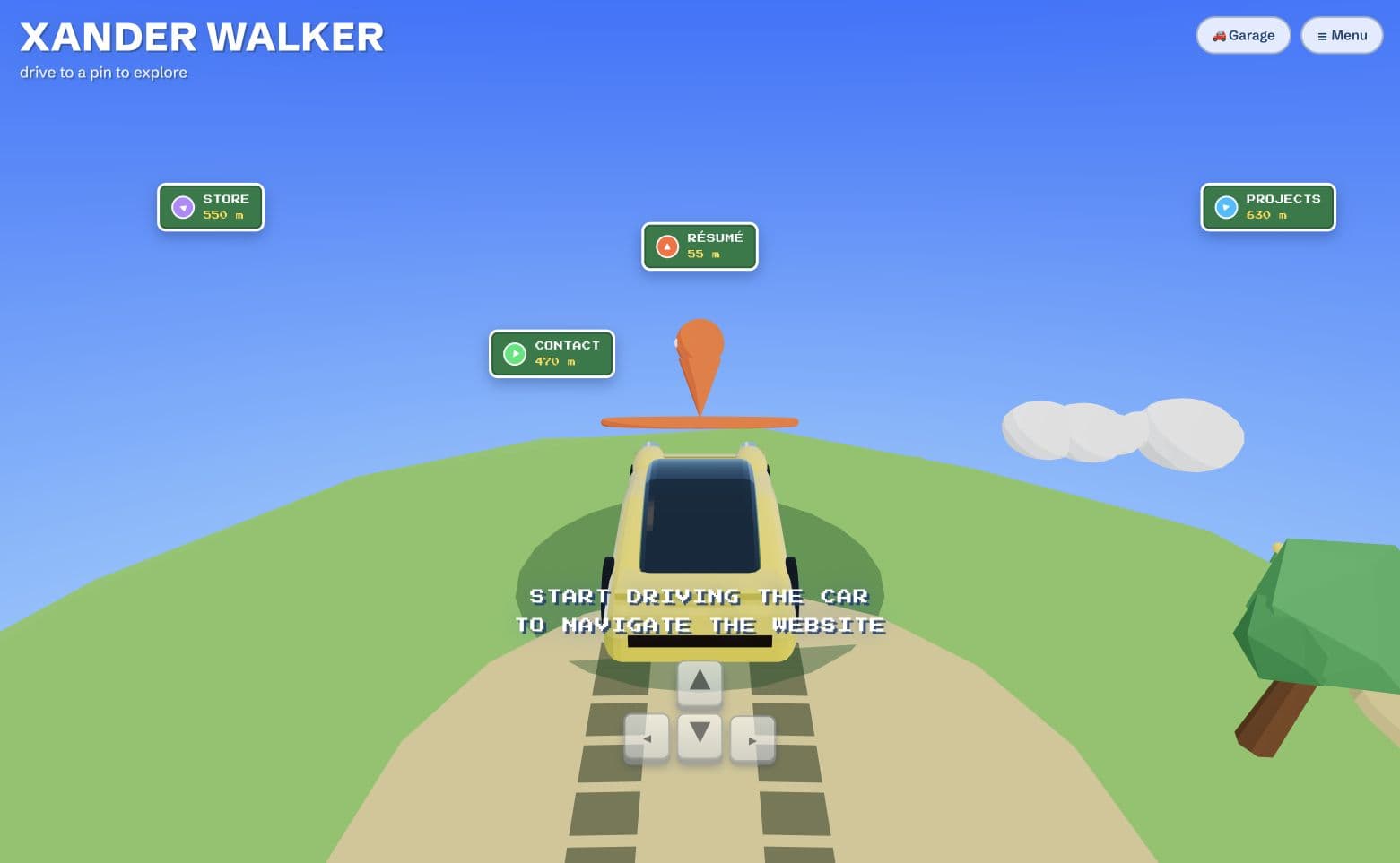 Planet Drive low-poly car approaching navigation pins on a small green world.