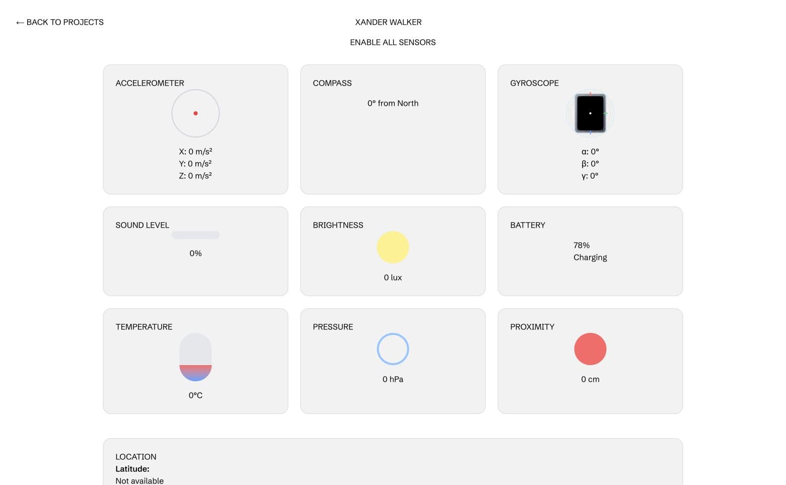 Device sensor dashboard with accelerometer, compass, gyroscope, brightness, battery, and proximity panels.