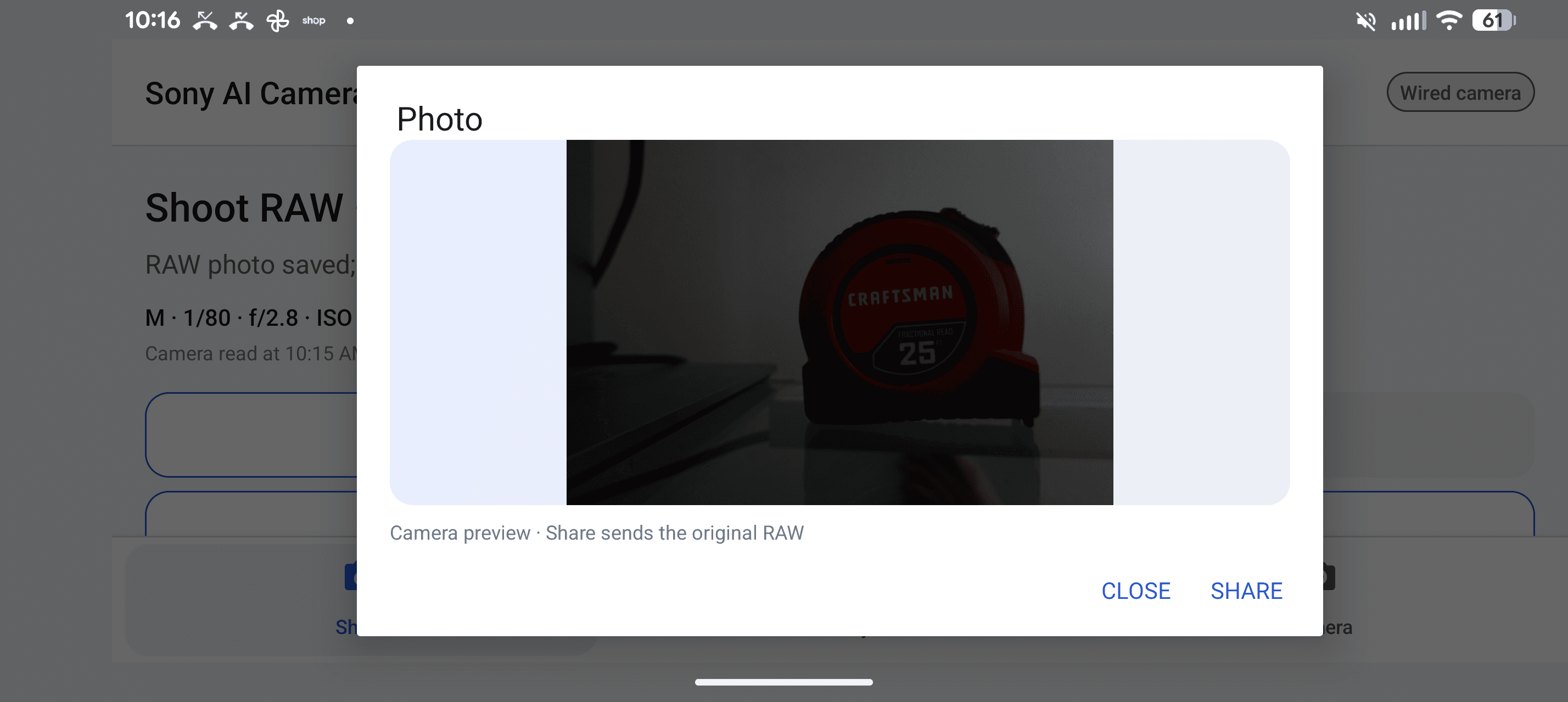 Sony AI Camera Control on Android displaying a captured photo with an option to share the original RAW file.