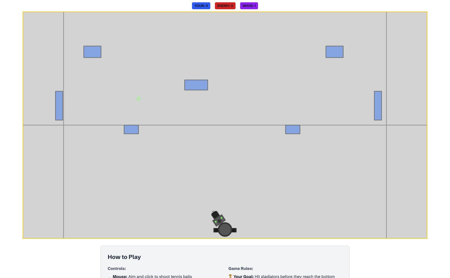 Tennis Ball Gun defense arena with cannon, obstacles, score, and wave counter.