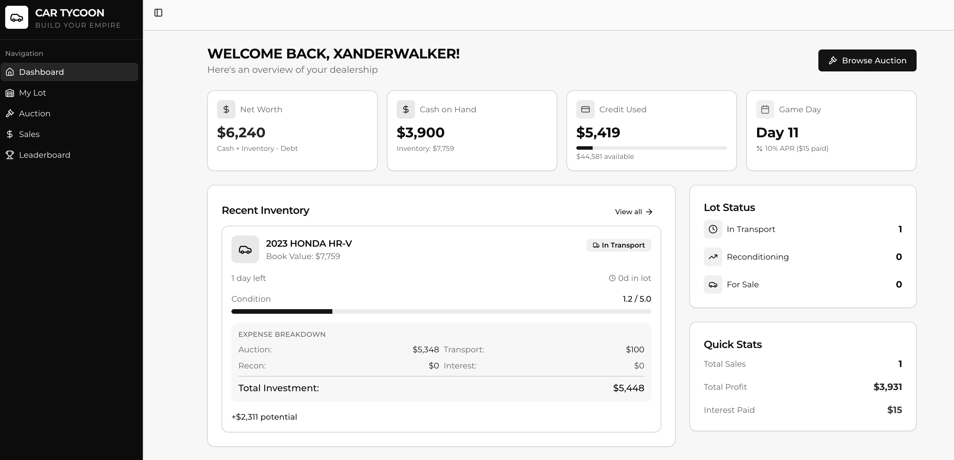 Used Car Tycoon dashboard - dealership overview with net worth, cash, credit, inventory, lot status, and quick stats