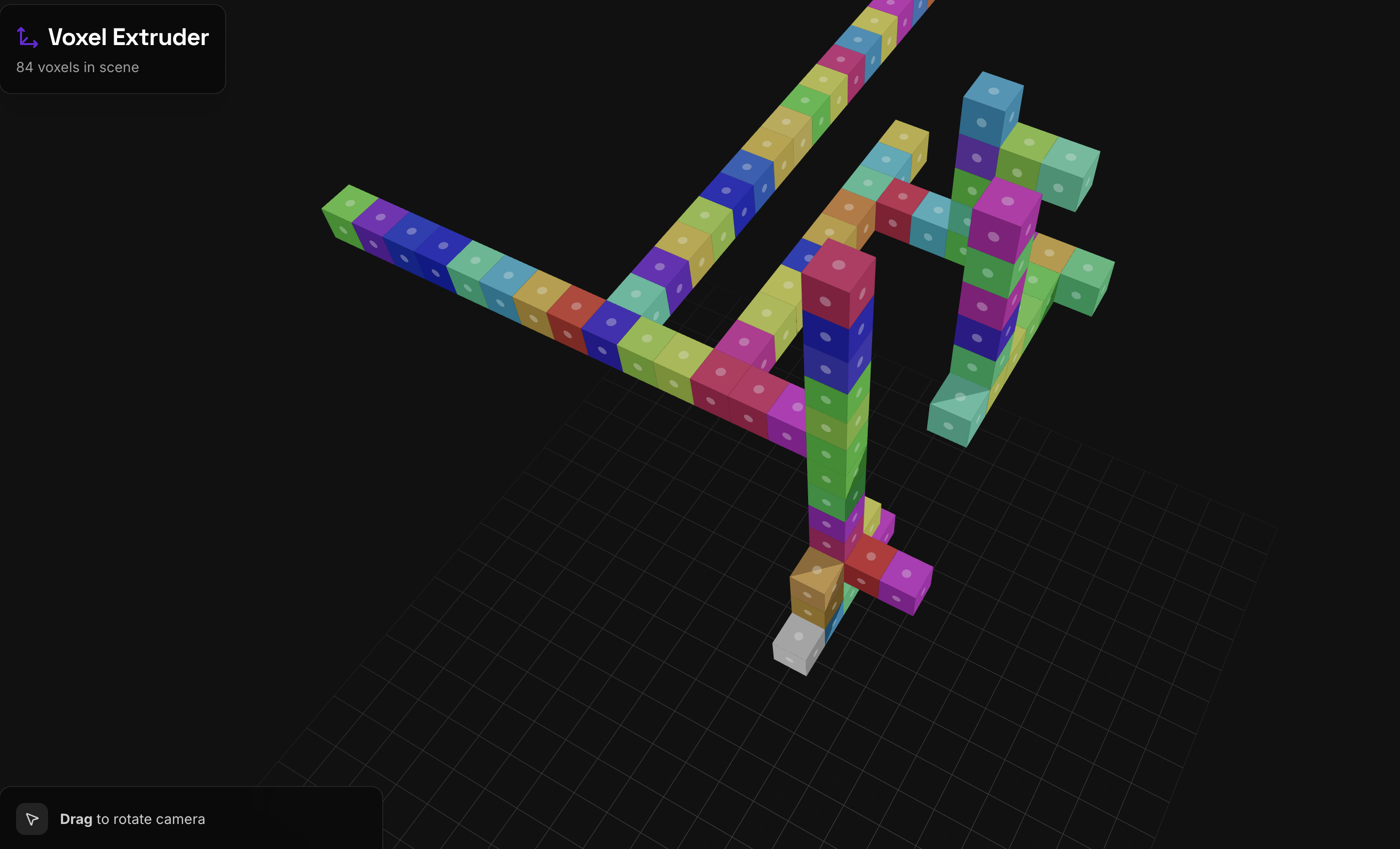 Voxel Extruder - rotated view of colorful voxel structure with 84 voxels in scene