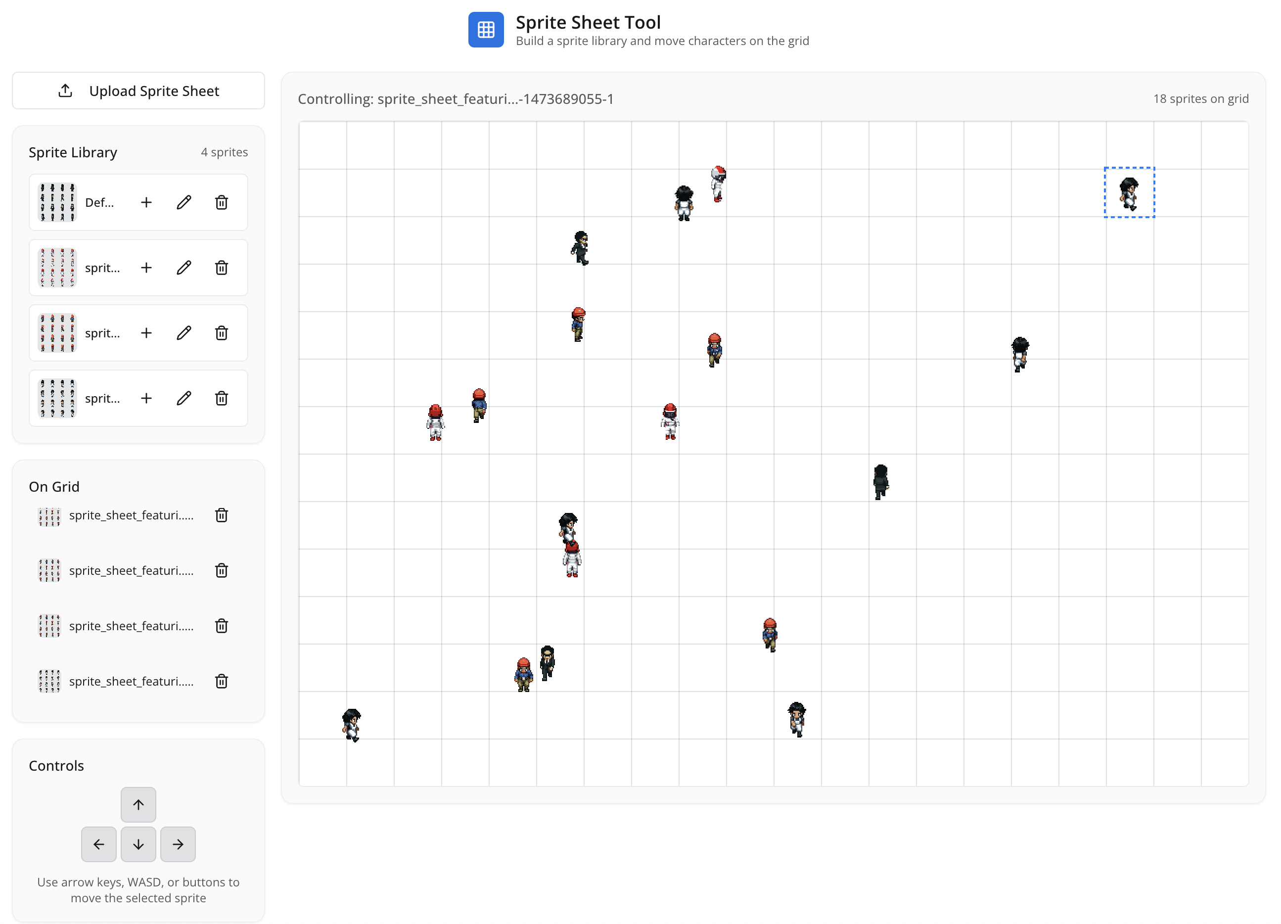Sprite Sheet Tool interface showing sprite library, grid with 18 animated characters, and movement controls