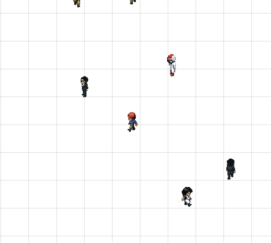 Zoomed in view of pixel art characters walking on a grid