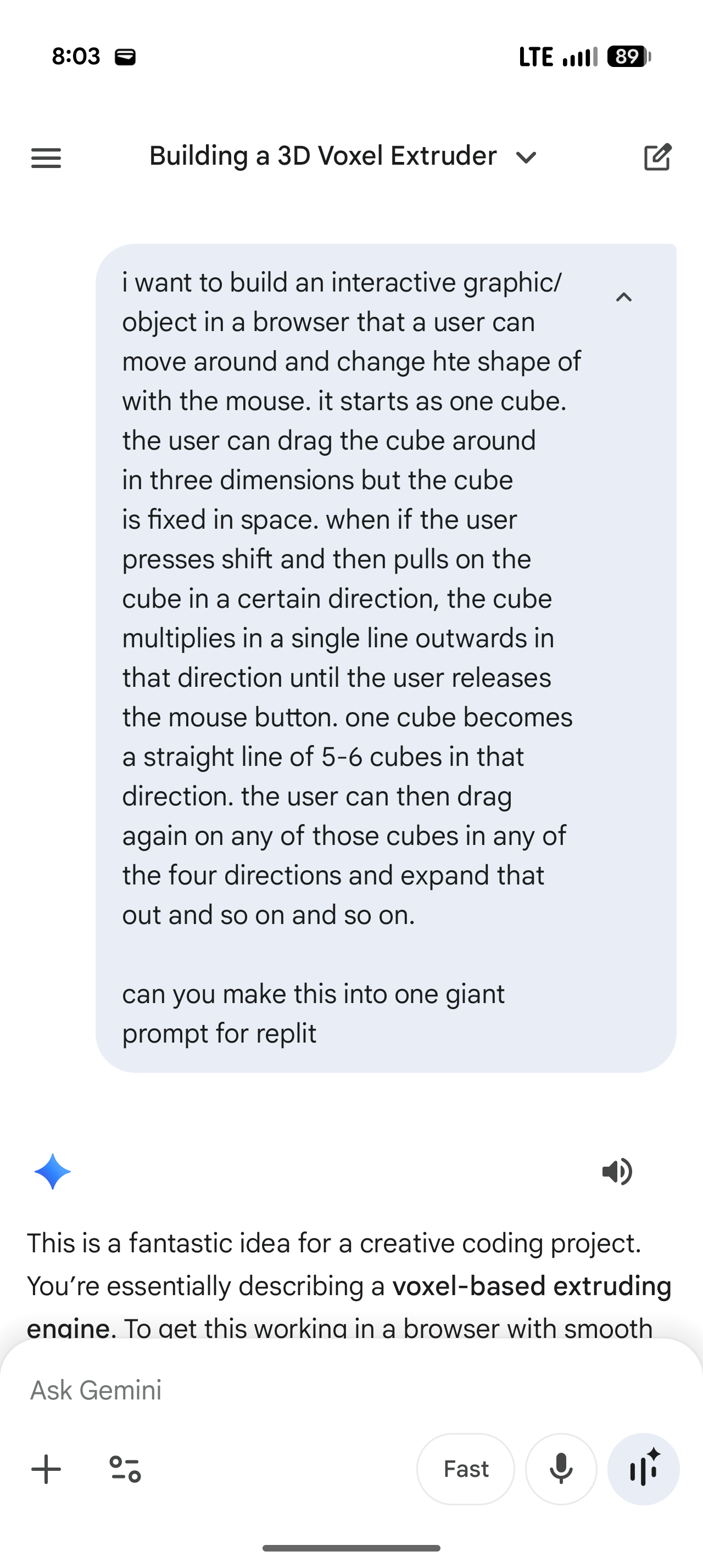 Gemini AI prompt describing the voxel extruder concept that was used to build the project in Replit