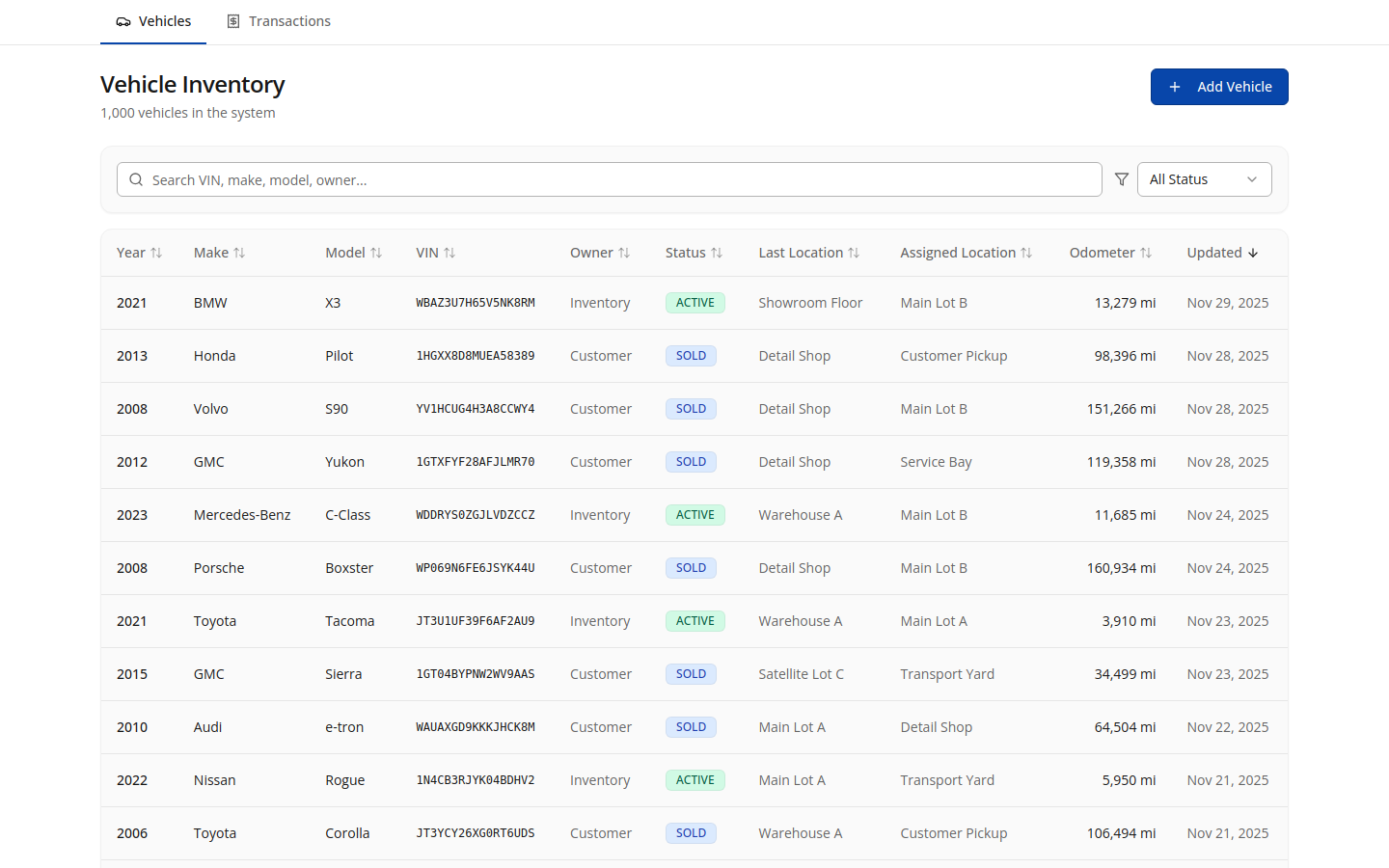 Vehicle Inventory - full table view with search, filtering, and 1000 vehicles